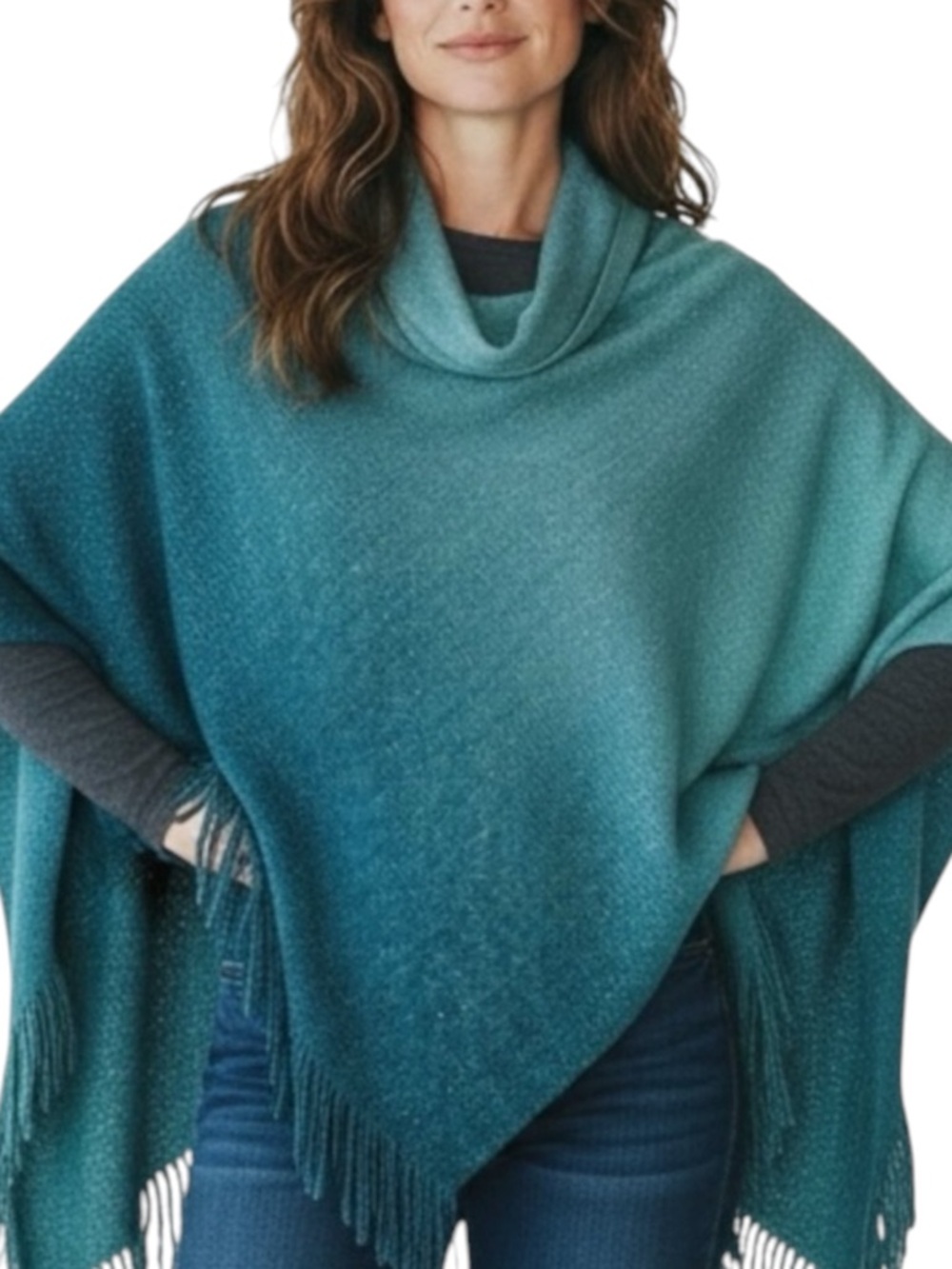 CHICOs Knit Cowl Neck Poncho with Fringe in Teal Ombré Size S/M — SO PRETTY!!!